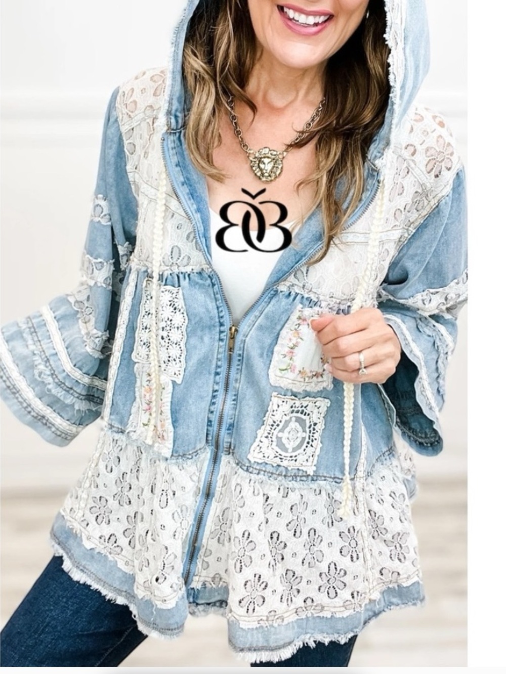 POL Boho Patchwork Denim & Lace Oversized Hooded Jacket - Blue & Cream, small - Picture 2 of 11